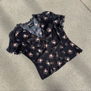 NWOT Reformation black floral ruffle button down short sleeve blouse top
